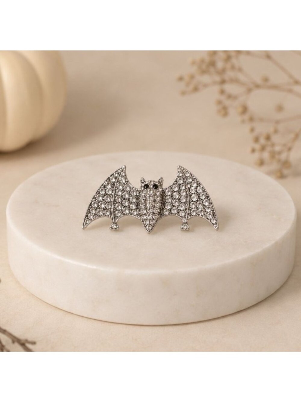 Halloween Gothic Bat Brooch Costume Jewelry Pin Crystal Rhinestone Silver Tone